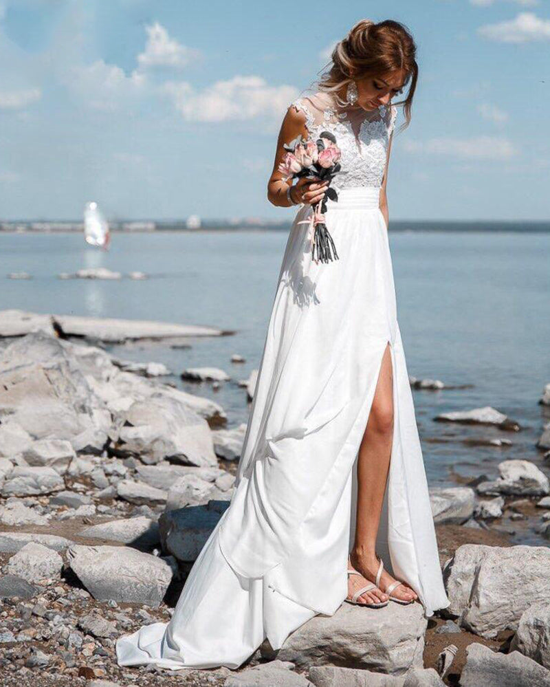 Elegante vestido de novia de playa con mangas cortas, encaje vintage y gasa, abertura, WD10122 
