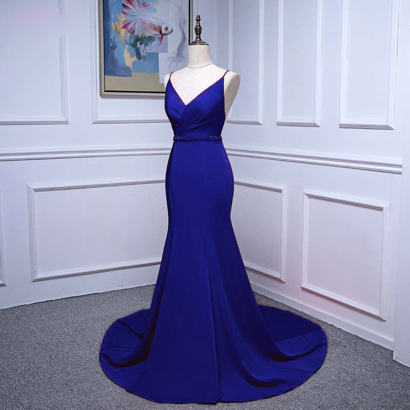 Ruby Red Mermaid Prom Dress Long Evening Party Gown for women with Beaded Belt with Spaghetti Straps LP0501