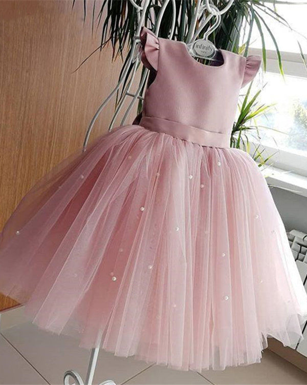 LG0523 Siaoryne  Pink Little Flower Girls Dress For BirthdayParty  Ball Gowns With Bow Pearls Ankle Length O-Neck Kids Pageant Dress