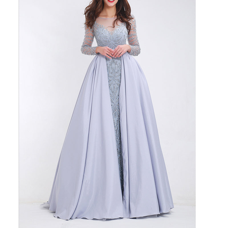 LP745 Luxury Attachable Train Sexy Heavy Beading Prom Dresses with Sleeves Formal Gown Pageant Dresses