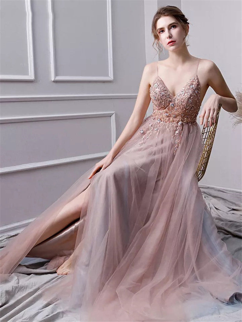 PL1103 Fancy Sexy Tulle Slit Lace Beading Prom Dresses Long Gown Vestido De Festa 2022