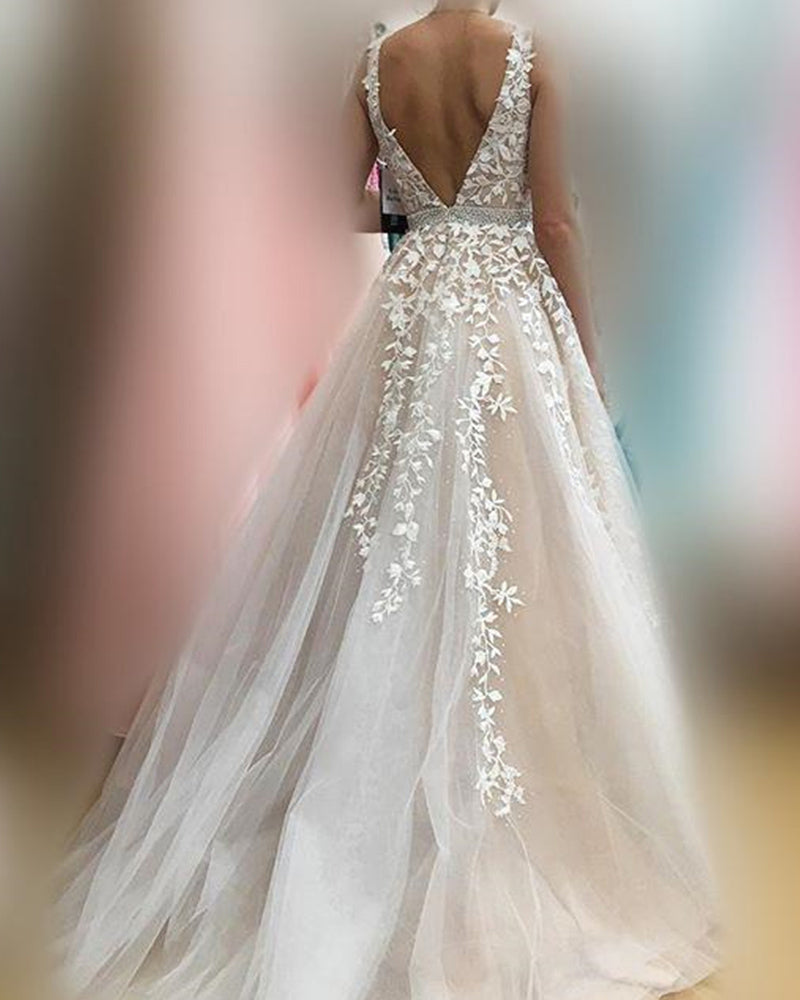 Lace Tulle V Neck Wedding Dresses Champagne Applique Sleeveless A Line Siaoryne Lace Tulle V Neck Wedding Dresses Champagne Applique Sleeveless A Line Siaoryne