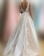 Lace Tulle V Neck Wedding Dresses Champagne Applique Sleeveless A Line  Bridal Dress Vestido De Noiva