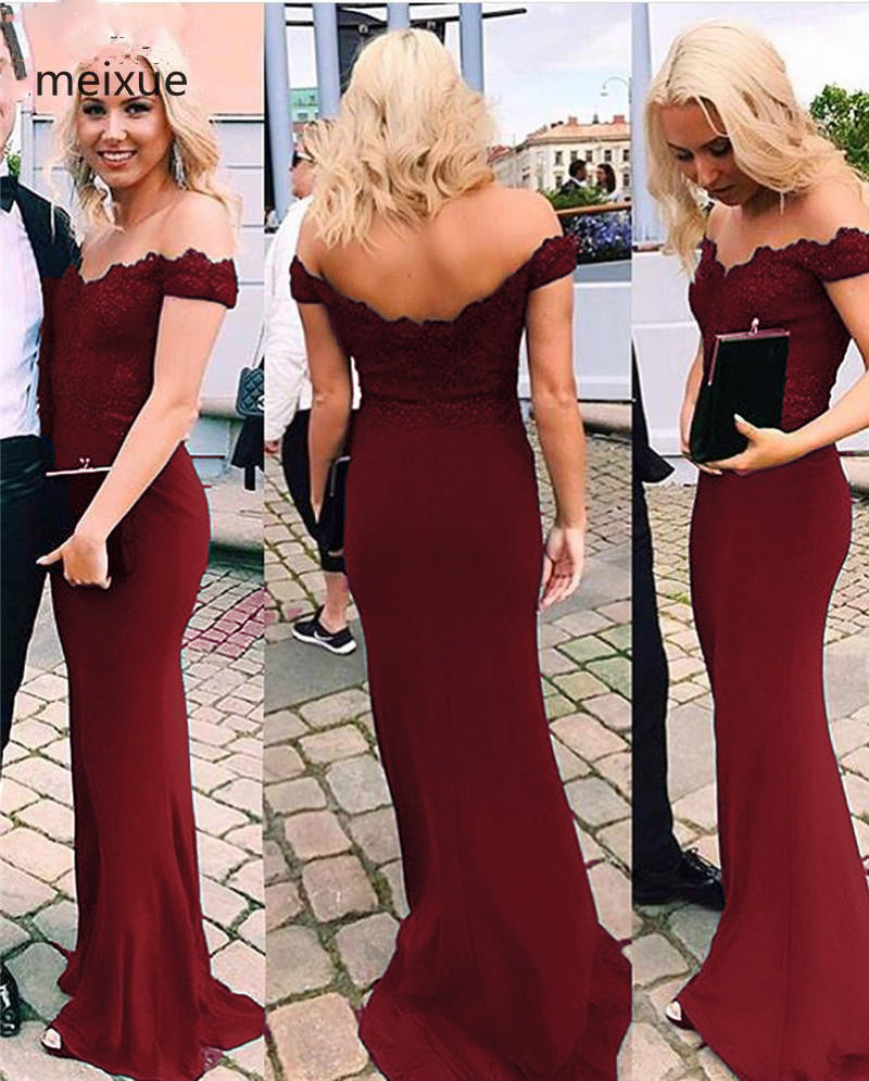 siaoryne Sexy Off the Shoulder Lace Fitted Burgundy Cheap Prom Dress Long PL1009