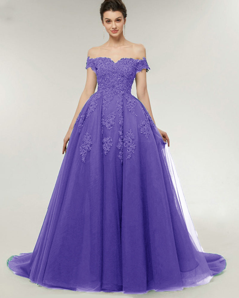 Gorgeous Off the Shoulder Tulle and Lace Lavender Wedding Ball Gowns PL07101