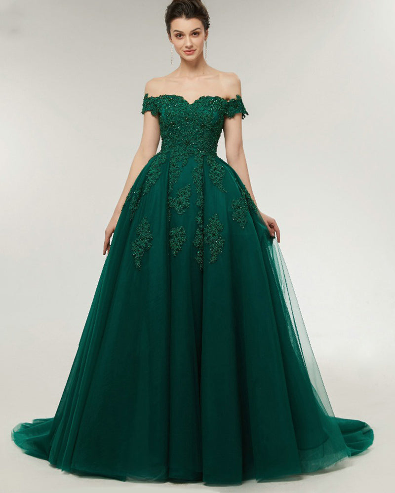 Lace Off the Shoulder Emerald Green Prom Dress Ball Gown Evening Formal Wear ,Women Wedding party Dress PL07041