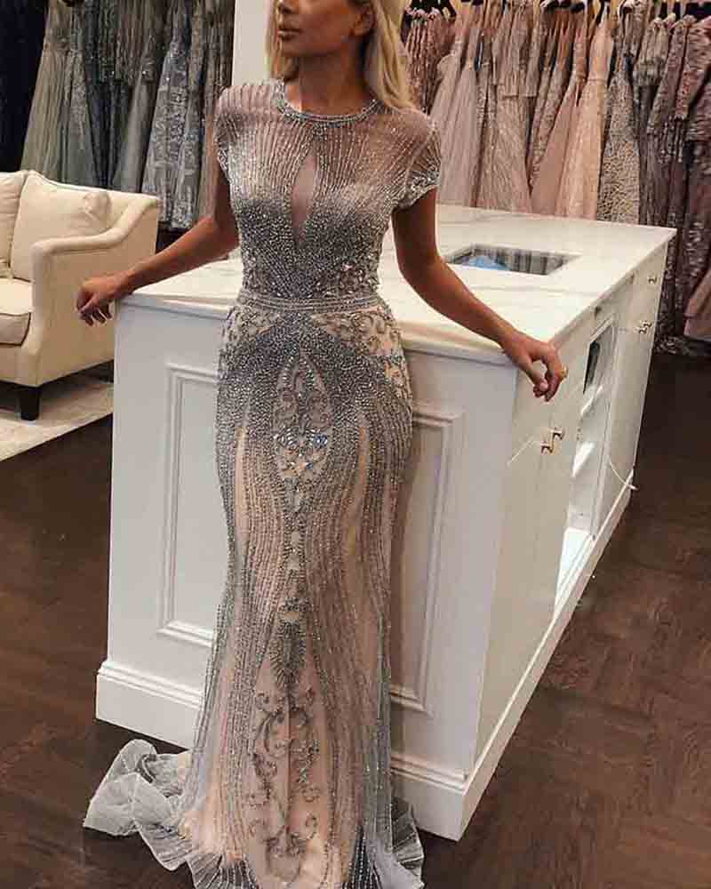 Luxury Champagne Beading Mermaid Long Evening Dresses Formal Gown PL2141