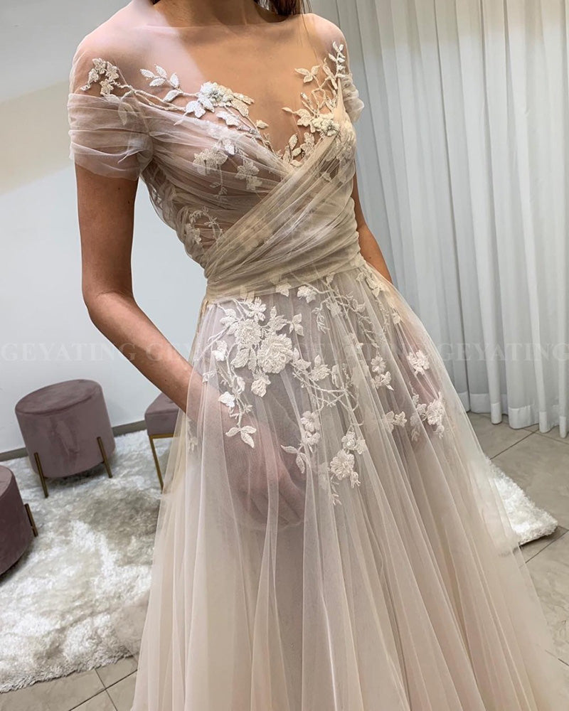 WD0518 Vintage Simple Elegant Lace Floral Boho Wedding Gown with Short Sleeve Pockets A-line Summer Beach Bridal Dresses