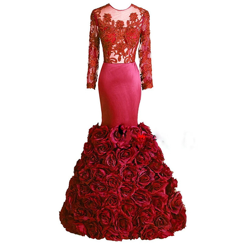 Long Sleeves Mermaid Prom Dresses African Evening Gown with flowers