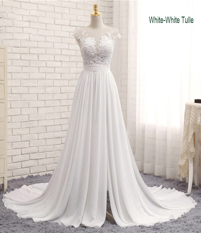 Lace and Chiffon Illusion Cap Sleeves Beach Wedding Dress boho Bridal Gown
