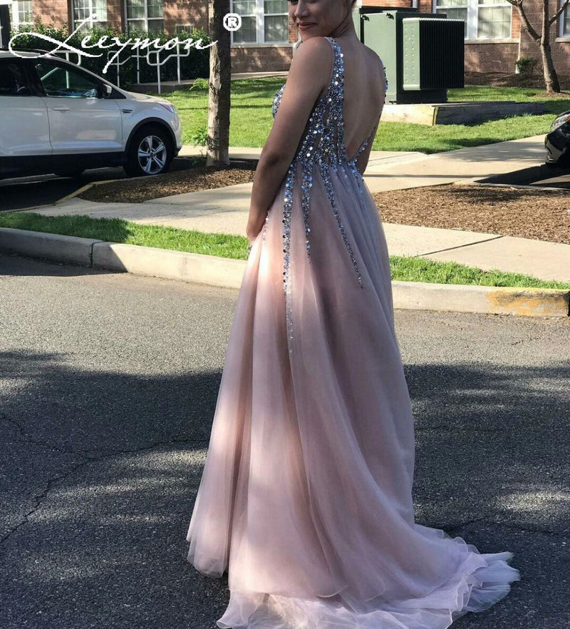 Siaoryne V Neck Champagne Crystal Beaded Prom Dresses 2018 Spring Evening Party Gowns Long