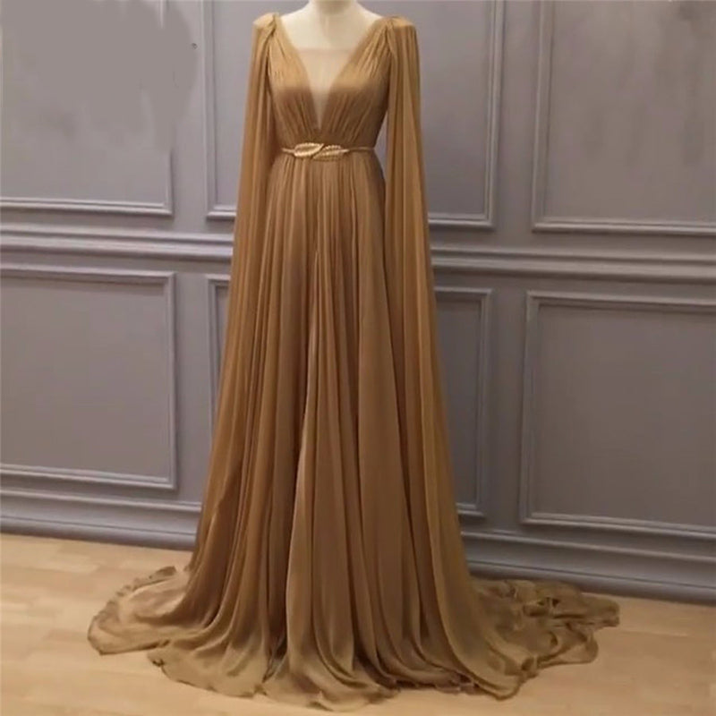 Arabic long gold evening dress long chiffon prom gown for women 2020