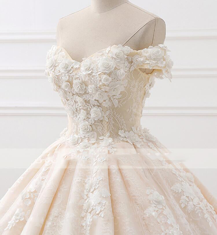 Romantic Off Shoulder Princesss Lace Ball Gown Wedding Dress 2021 with Flowers Robe De Mariee WD01123