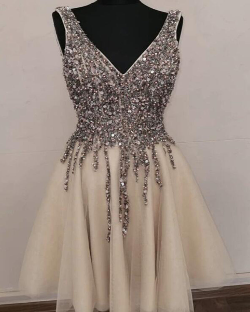 Champagne Beading Sequins Short Graduation Dress for Teens ,Gilrs Homecoming Gown, Cocktail Dress SP0526