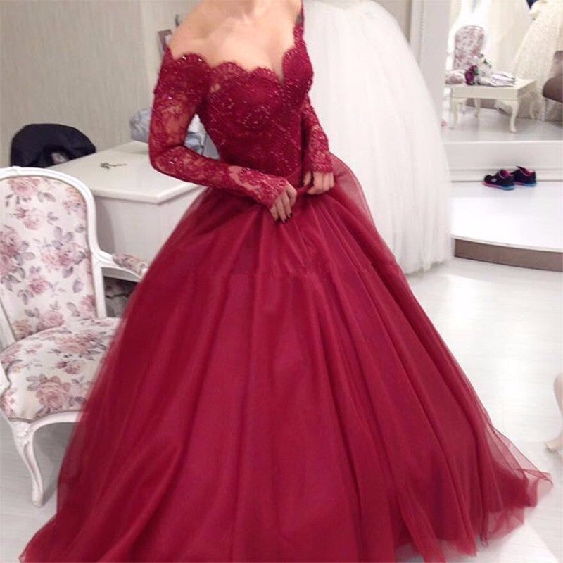 Dark Red Off Shoulder Lace Long Sleeves Wedding Gown For Reception Women Formal Evening Dress Ball Gown wd3387