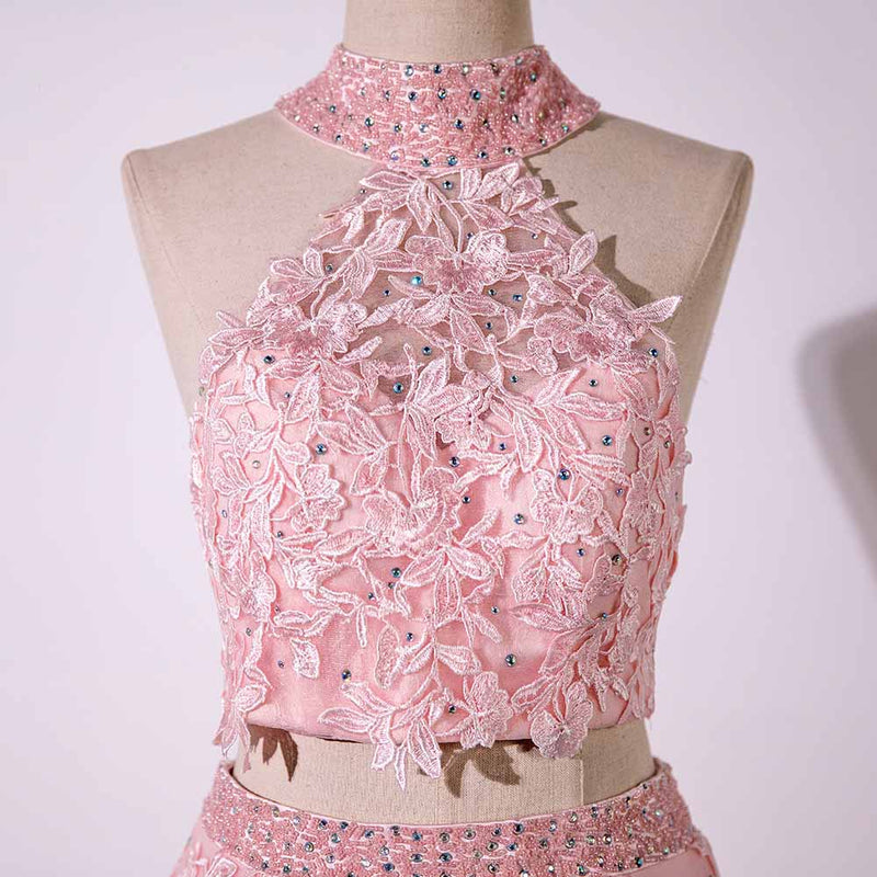Pink Two Pieces Lace Prom Dress Senior  Graduation Formal Wear Homecoming Long Dress LP820