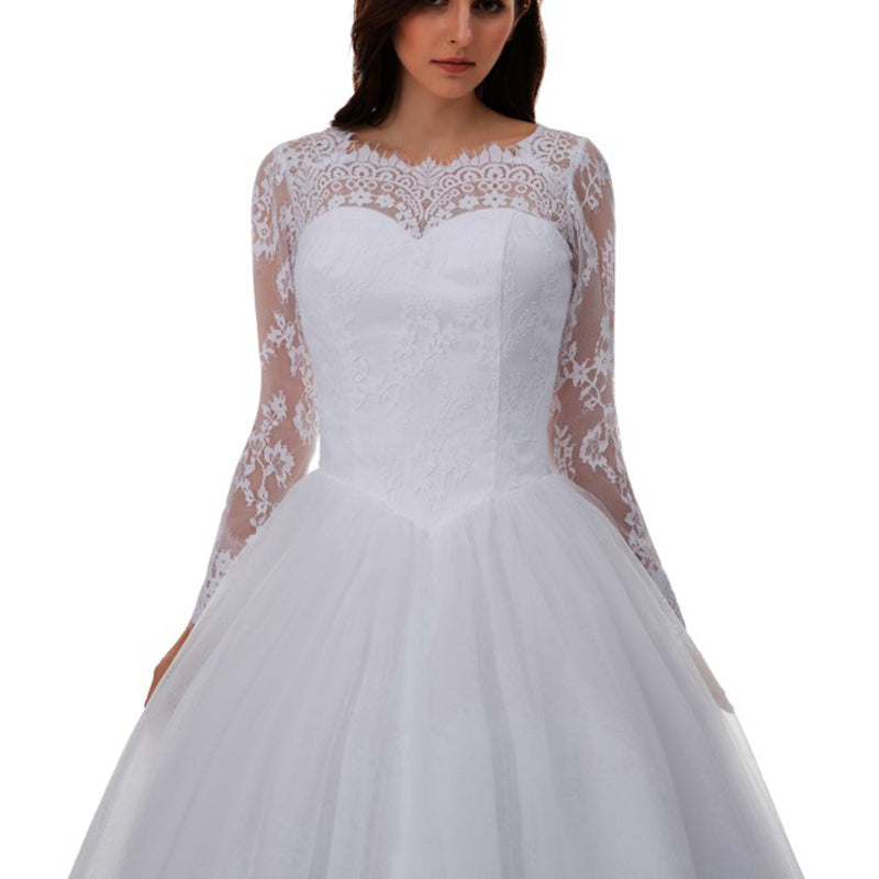 Vintage White Lace Ball Gown Princess Wedding Gown Sleeved Bridal Dresses 2018