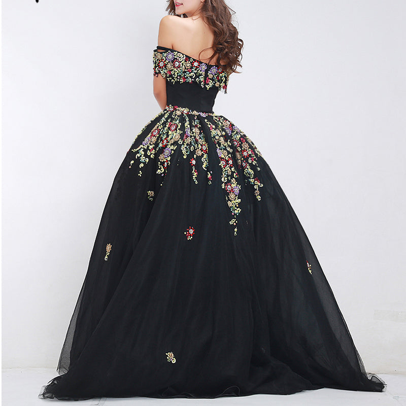 LP7898 Black Prom Dress Long Attachable Train,2018 Floral Lace Off the Shoulder Senior Prom Gown