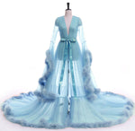 See through Robe Gown Robe De Soiree V Neck Feather Long Sleeve Tulle Party Evening Dresses