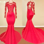 Sexy Fishtail Red Long Sleeves Dress Evening Formal Gown with lace Appliqued  LP716