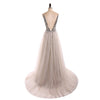 Classy Sexy Grey Dress Deep V Neck Crystal Long Evening Gown 2022 LP0514