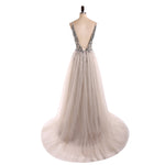 Classy Sexy Grey Dress Deep V Neck Crystal Long Evening Gown 2022 LP0514