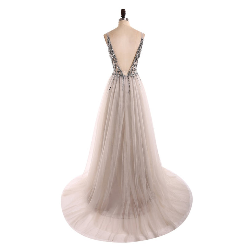 Classy Sexy Grey Dress Deep V Neck Crystal Long Evening Gown 2022 LP0514