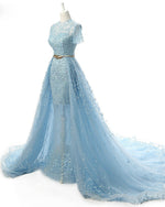 Stylish Blue Lace Beaded Evening Gown with Train Women Formal Carpet Celebrity Dresses PL0721