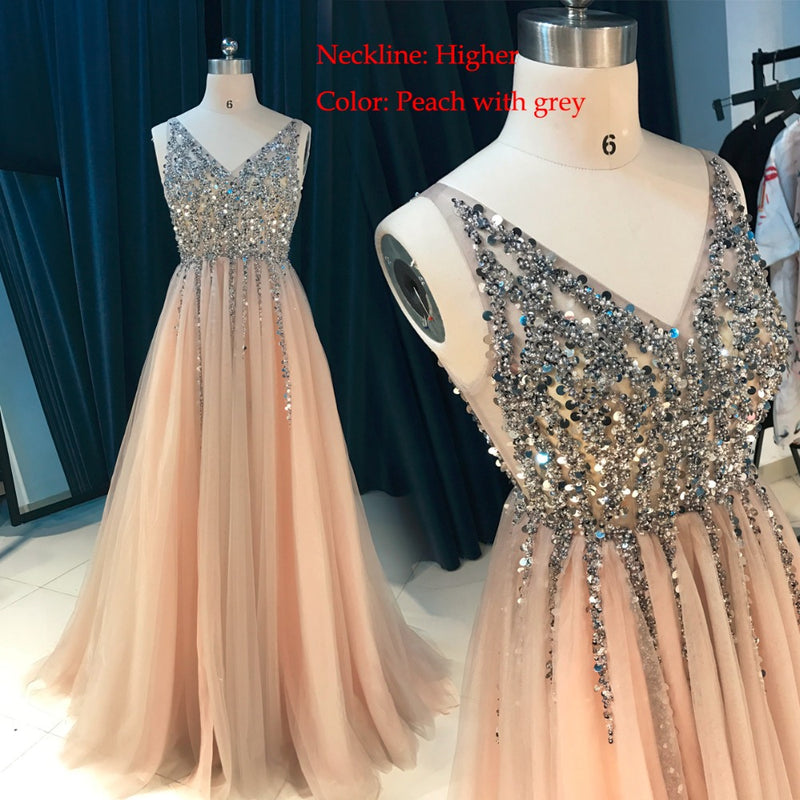 Peach/Gray V Neck Sequins Beading Long Sexy See Through Formal Gowns Prom Dresses PL541
