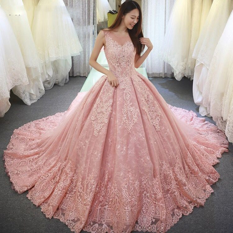 Princess Scoop Neck  Lace Pink Wedding Dress Gown WD10505