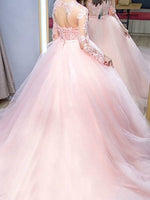 Sweet Pink Princess Quinceanera Dress Ball Gown Prom Lace Vintage Long Sleeves Ceremony Debutante Gown fpr Sweet 15 Party