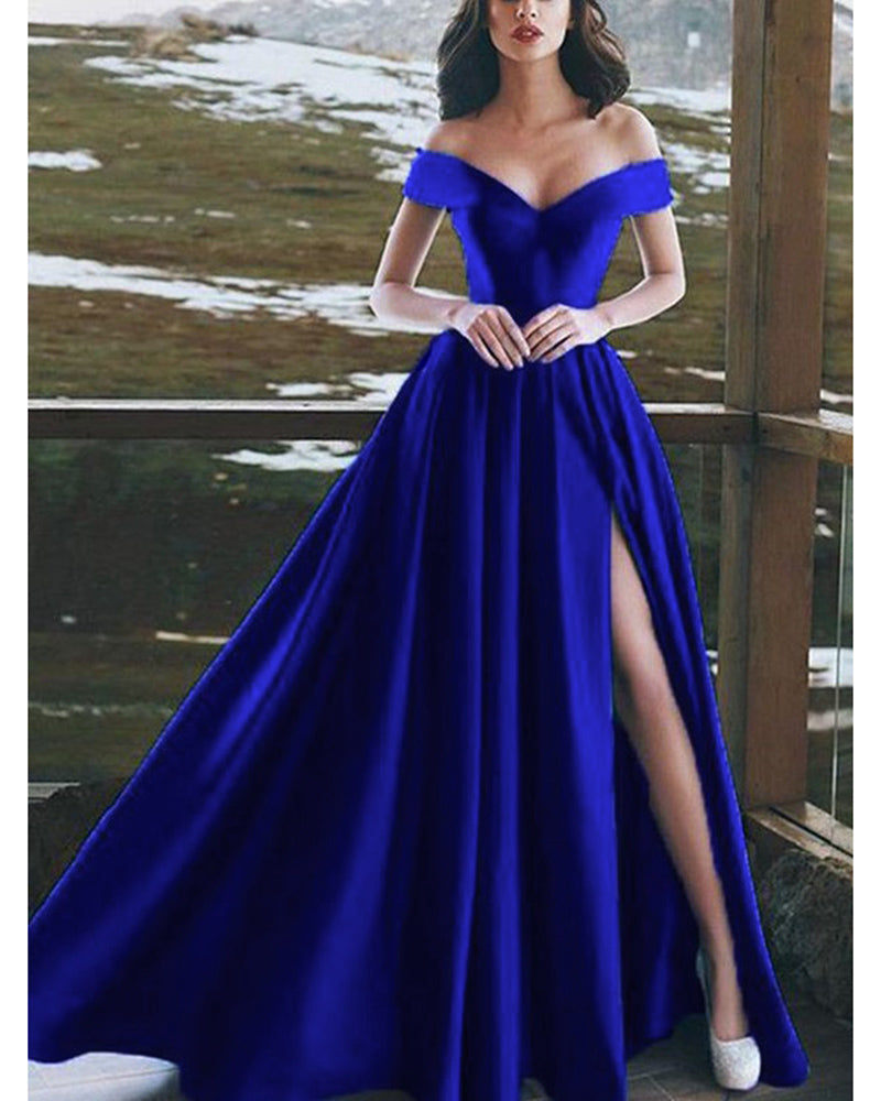 Elegant Satin A Line Off the Shoulder Split Leg Royal Blue Prom Dress Long PL10103