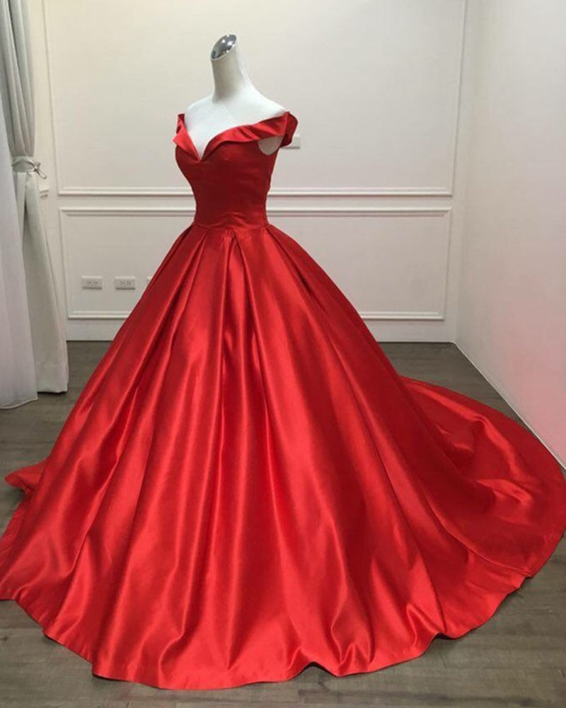 Red Satin Ball Gown prom Dress Long Evening Gown Women Formal Engagement Gown