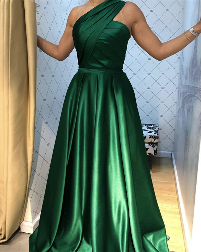 One Shoulder A Line Satin  Emerald Green Formal Evening Dress,Prom Party Long Gown PL10420