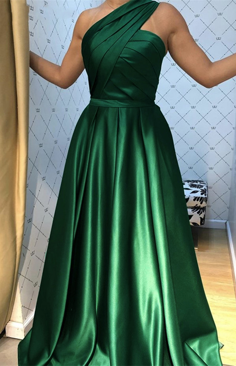 One Shoulder A Line Satin  Emerald Green Formal Evening Dress,Prom Party Long Gown PL10420