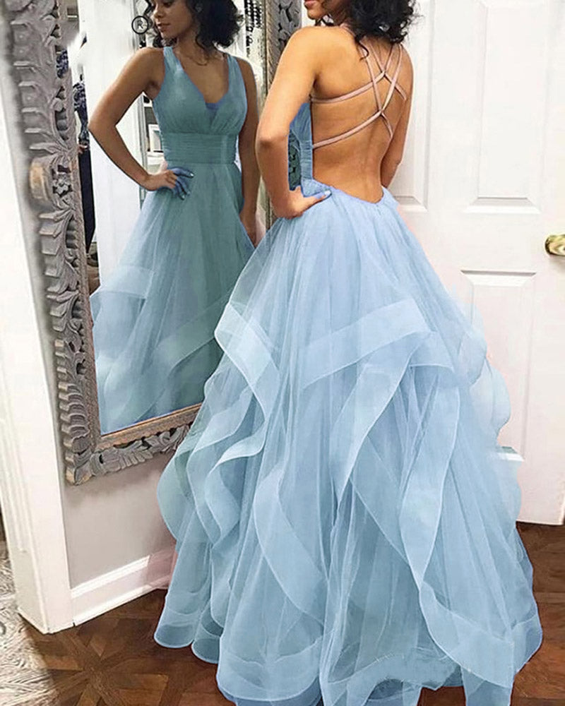 Fancy sky blue/Rose Pink Layered Prom Dress with Straps Formal Wear 2022