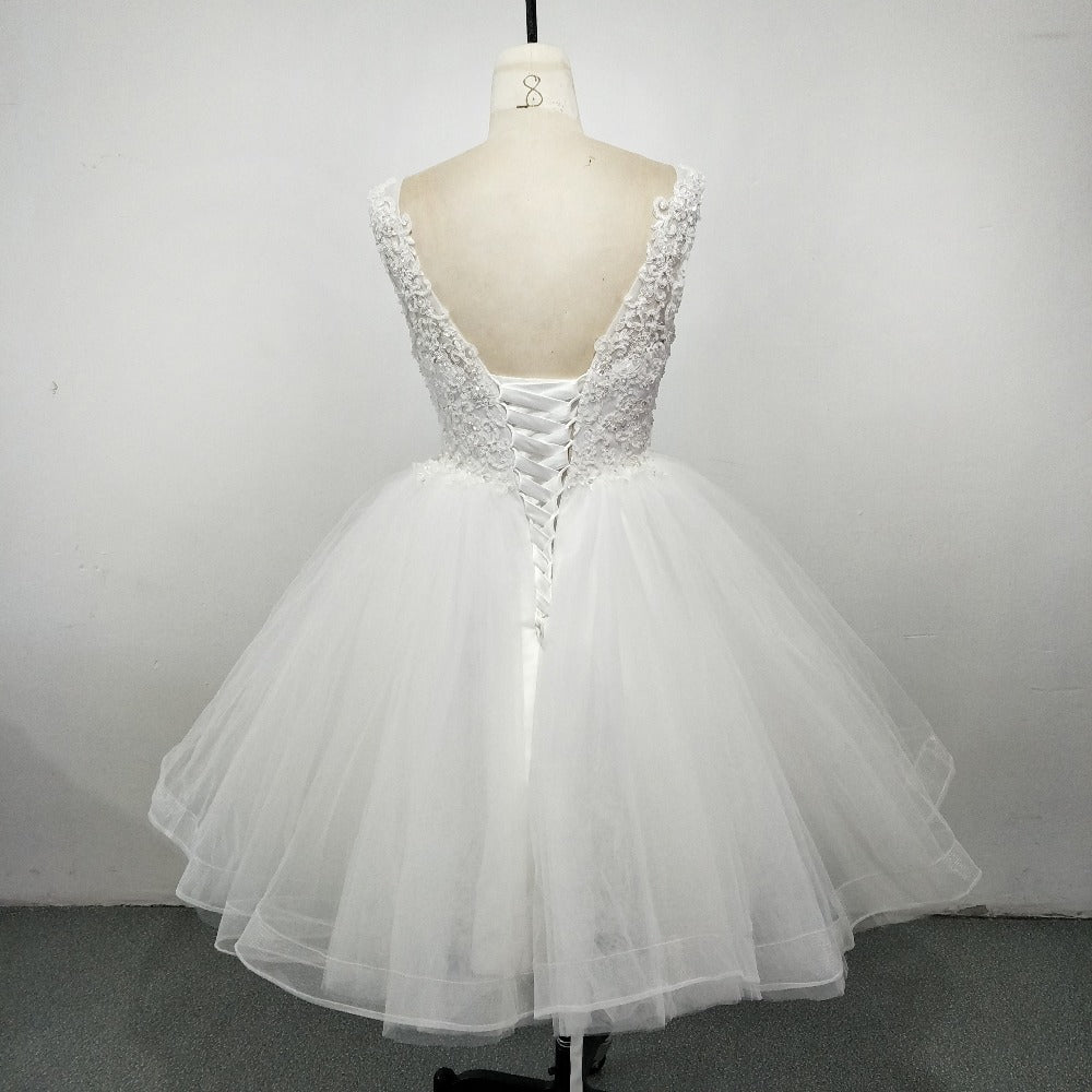 Lovely Scoop Neck Puffy Short Wedding Dress with Lace Beading Summer B Siaoryne Lovely Scoop Neck Puffy Short Wedding Dress with Lace Beading Summer B Siaoryne