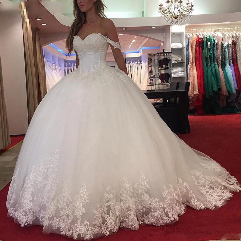 Princess Off the Shoulder Ball Gown Lace Bridal White Wedding Dress for Women Vestido De Novia WD0427