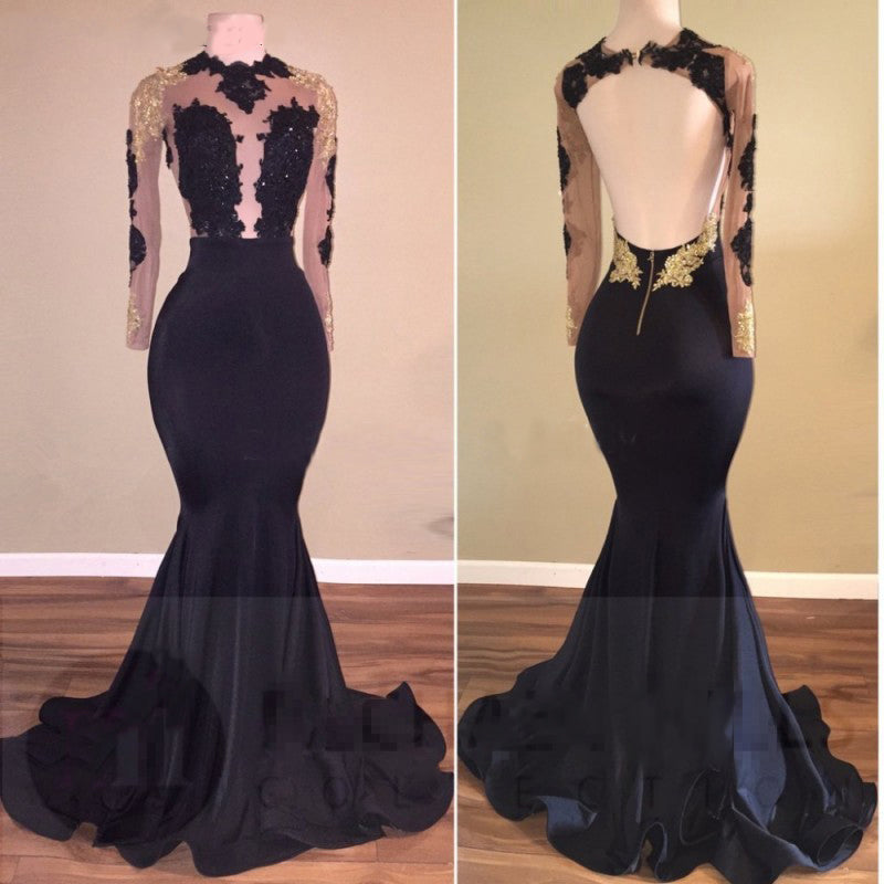 Sexy Long Sleeves Black Evening Dresses Mermaid Lace Women Formal Gown abito sera MH002