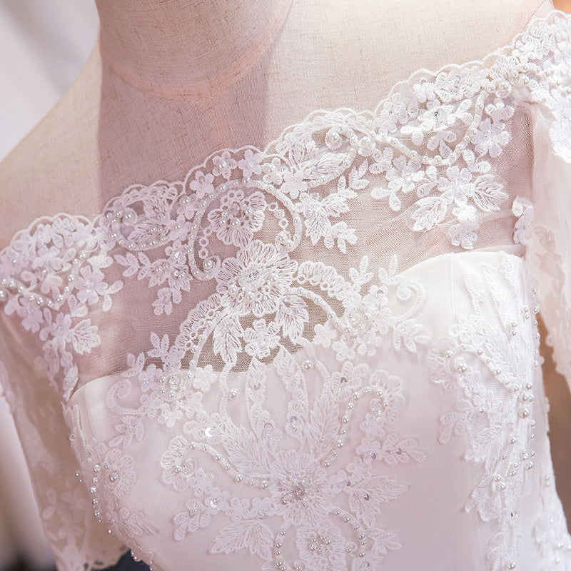 Romantic Off Shoulder Princess A Line White Wedding Dress Lace Bridal Dress with Short Sleeves