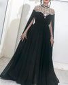 Sparkly Black Evening Dresses High Neck Caped Crystals Chiffon Dubai Kftan Saudi Arabic Long Evening Gown Prom Dress PL012241