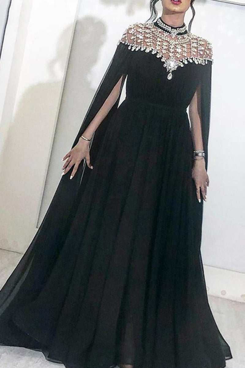 Sparkly Black Evening Dresses High Neck Caped Crystals Chiffon Dubai Kftan Saudi Arabic Long Evening Gown Prom Dress PL012241