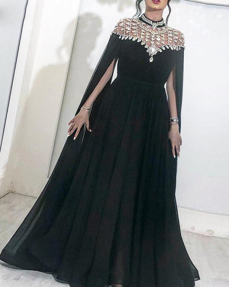 Sparkly Black Evening Dresses High Neck Caped Crystals Chiffon Dubai Kftan Saudi Arabic Long Evening Gown Prom Dress PL012241