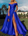 Sky Blue Elegant Off the Shoulder Satin High Slit Leg Evening Fortmal Prom Dresses Long 2022 PL0430