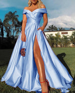 Sky Blue Elegant Off the Shoulder Satin High Slit Leg Evening Fortmal Prom Dresses Long 2022 PL0430