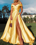 Sky Blue Elegant Off the Shoulder Satin High Slit Leg Evening Fortmal Prom Dresses Long 2022 PL0430