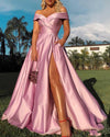 Sky Blue Elegant Off the Shoulder Satin High Slit Leg Evening Fortmal Prom Dresses Long 2022 PL0430