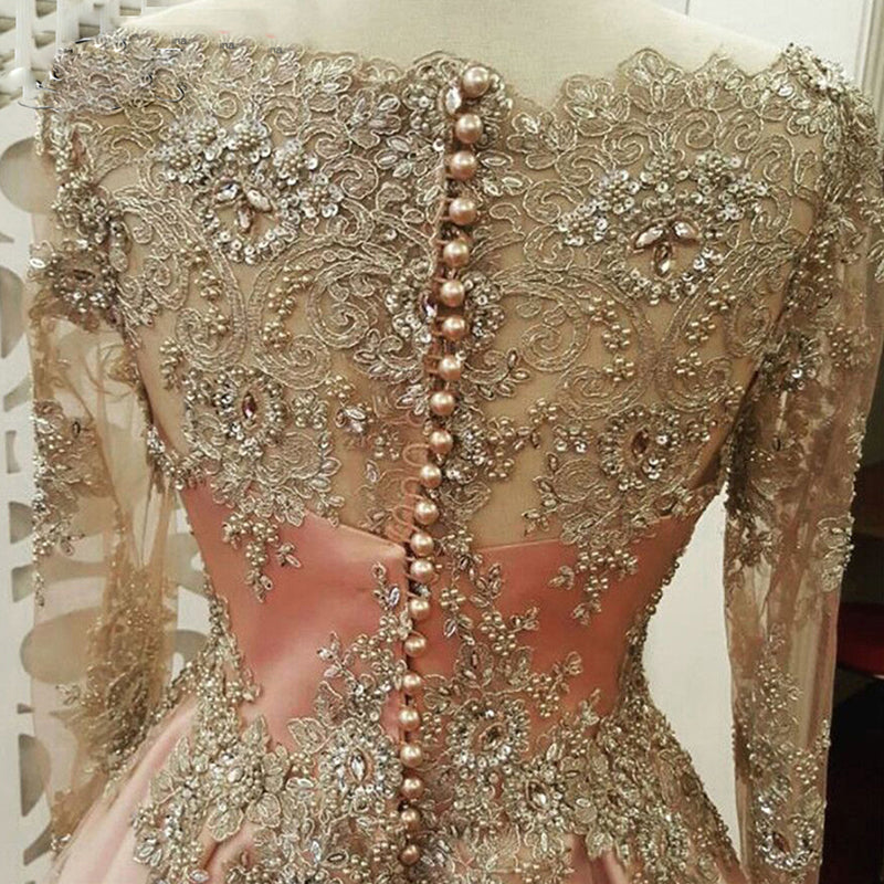 LP4456 Vintage Muslim Long Sleeves Women Formal Evening Gowns Vestido De Festa Longo Gold Lace Appliqued