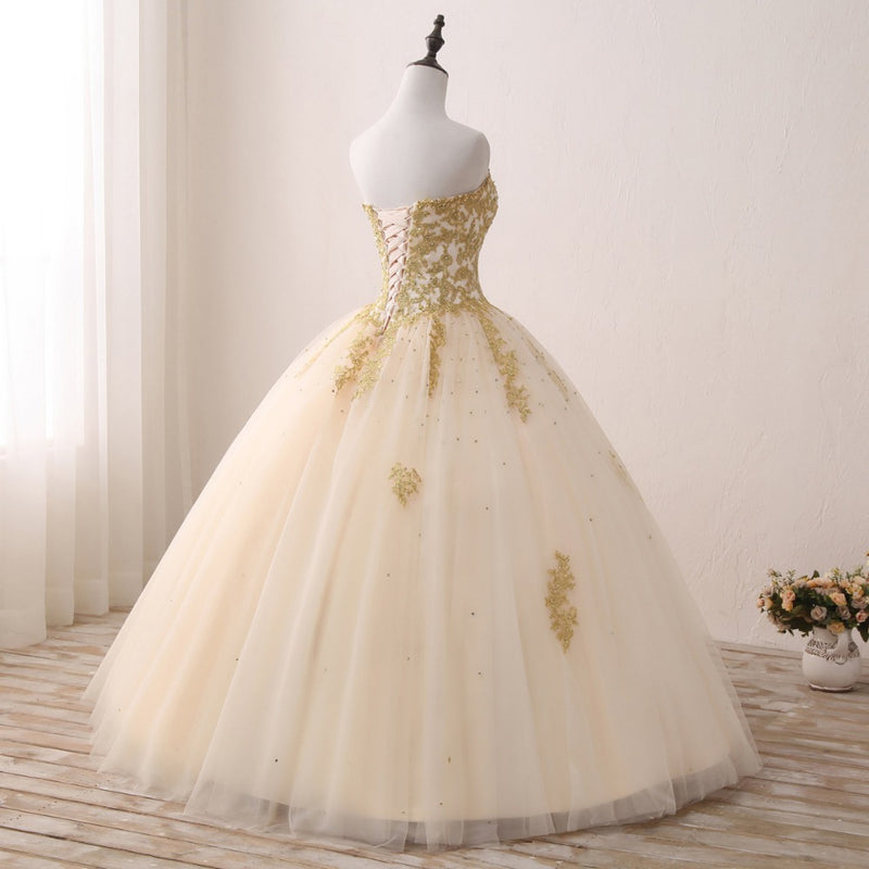 Princess Sweetheart Champagne Ball Gown Sweet 16 Dress Quinceanera Prom Gown with Gold Lace LP1224