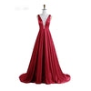 Elegant V Neck Dark Red Prom Dress Satin A Line Formal Graduation Formal Evening Gown Long LP782